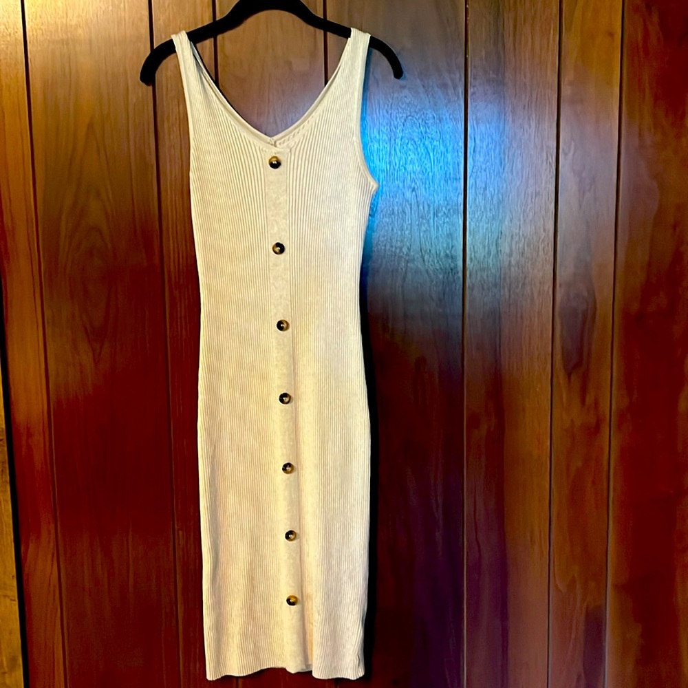 Fitted cream dress with faux button up front
